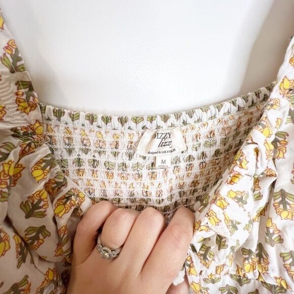 Dizzy Lizzy Shirred Floral Print Mini Dress Size M Cotton White Yellow - Picture 4 of 7